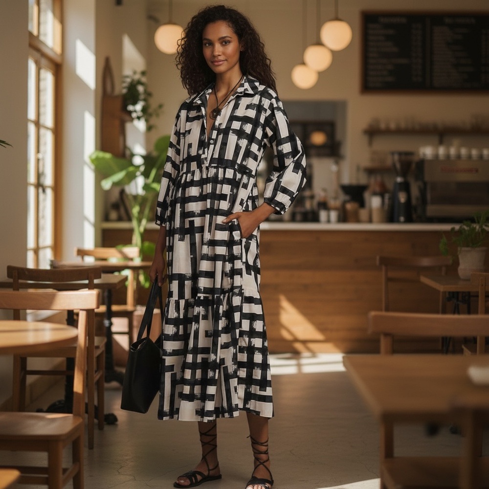Dsewpaur/Boho/ 3/4 Puff Sleeve/Button Down Tiered/Maxi Shirt Dress/Size: Large - Picture 8 of 13